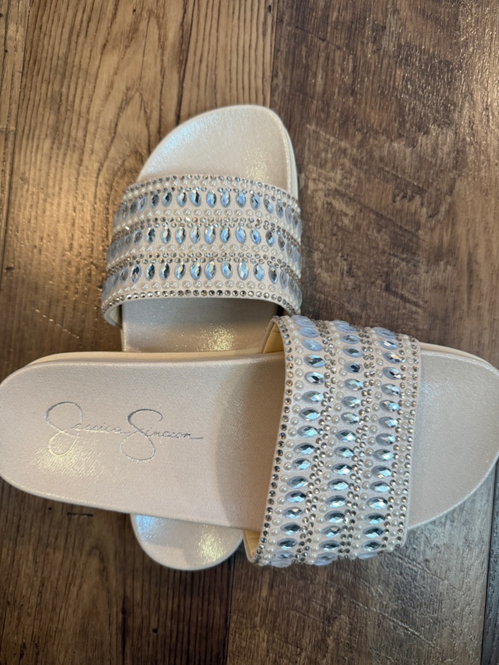 Jessica Simpson Champagne Crystal-Embellished Slide Sandals